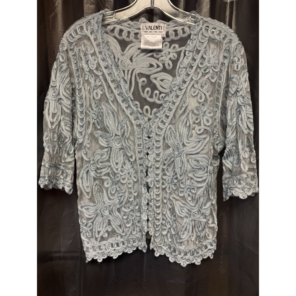 Y2K Vintage Valenti Sheer Embroidered Mesh 3/4 Sleeve Cardigan SZ XL Lt. Blue